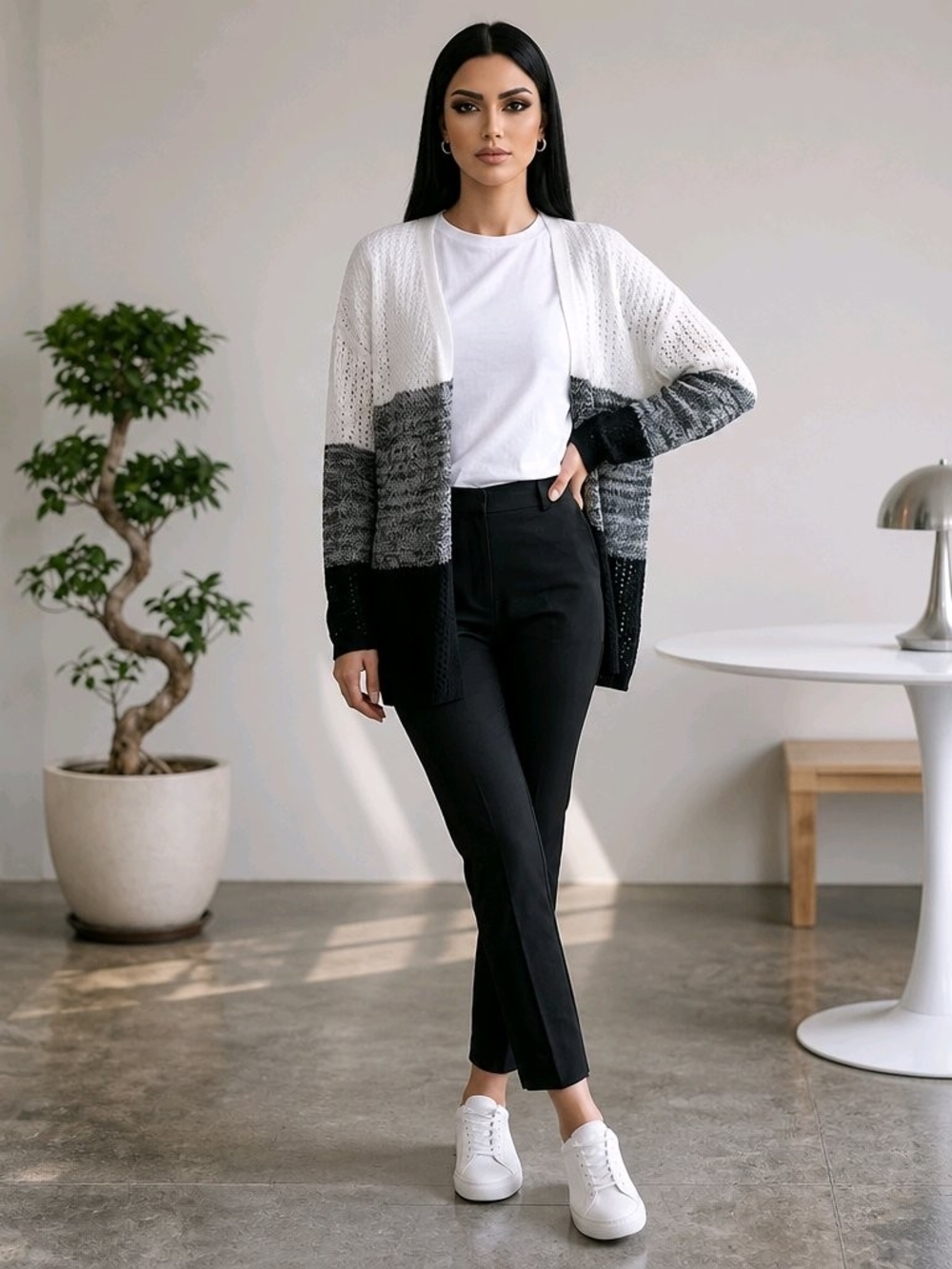 Guilty Brand Colorblock Open Knit Cardigan Cream Grey Black - Size Large